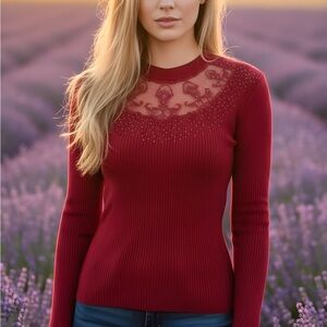 Chic Burgundy Lace Women's Long Sleeve Top